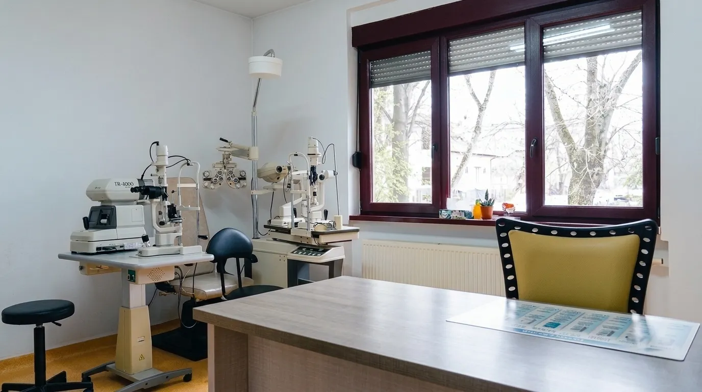 Cabinetul de oftalmologie al Policlinicii ProMedica Timișoara, cu autorefractometru, lampă cu fantă și foropter